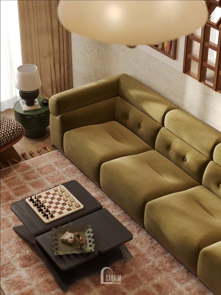 Phòng khách Mid-Century trong thiết kế chung cư 3 ngủ Viha Complex Leciva